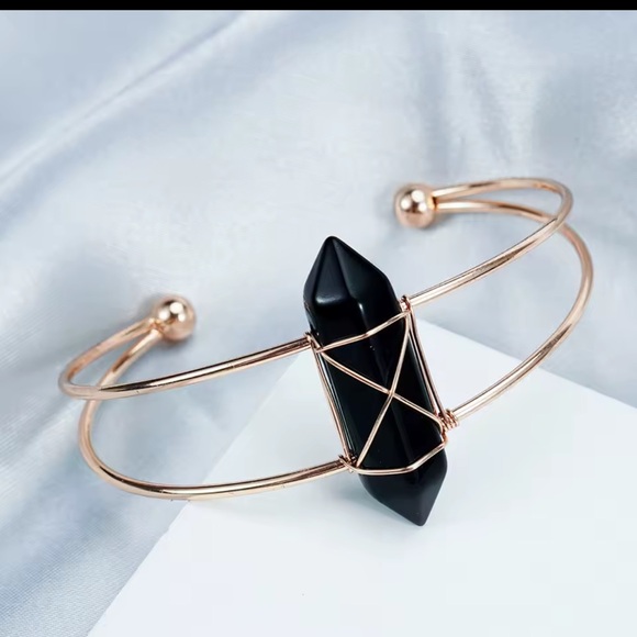 Natural Crystal Obsidian double Pointe Bracelet with Wire Adjustable Opening - Picture 1 of 2
